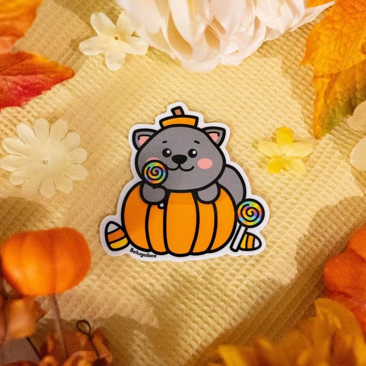 Black Cat and Pumpkin Sticker for wholesale by Belugabee