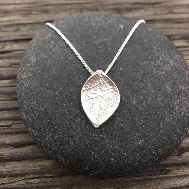 Salal Leaf Pendant Necklace (S) Frosted Sterling Silver for wholesale by Morning Moon Nature Jewelry