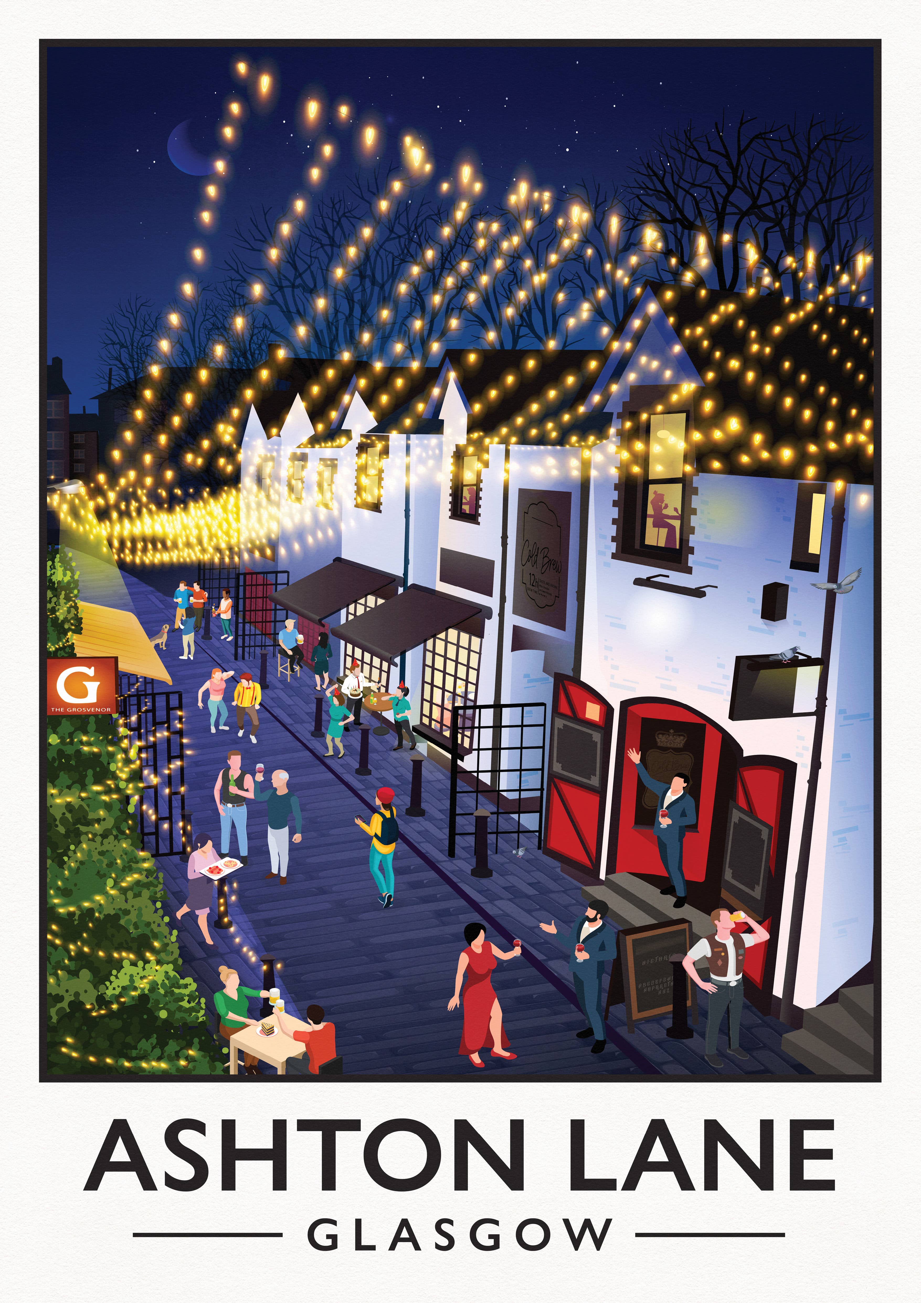 Printagonist – wholesale Poster – Ashton Lane Poster, Vintage looking Glasgow street illustrat6