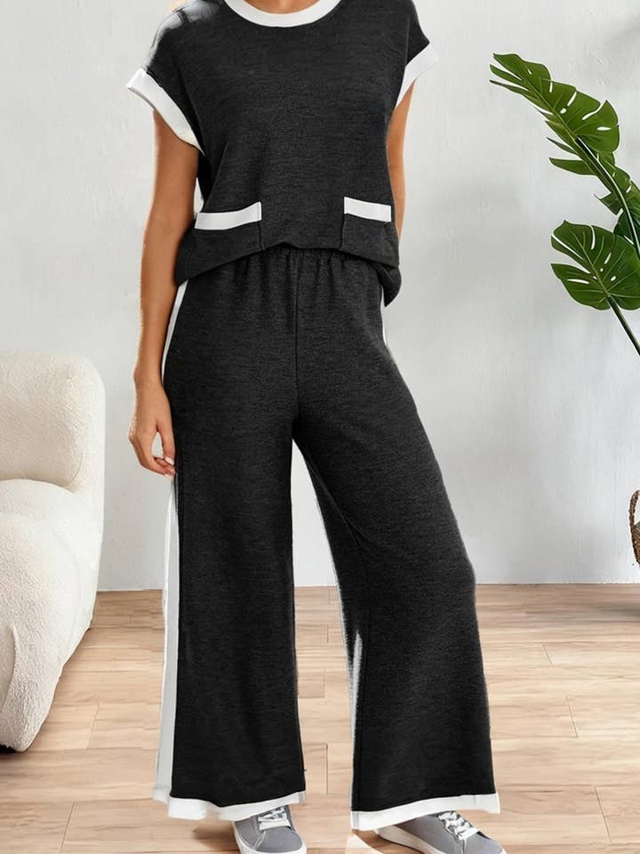 Color Block Pocketed T Shirt and Wide Leg Pants Set for wholesale by LA Society