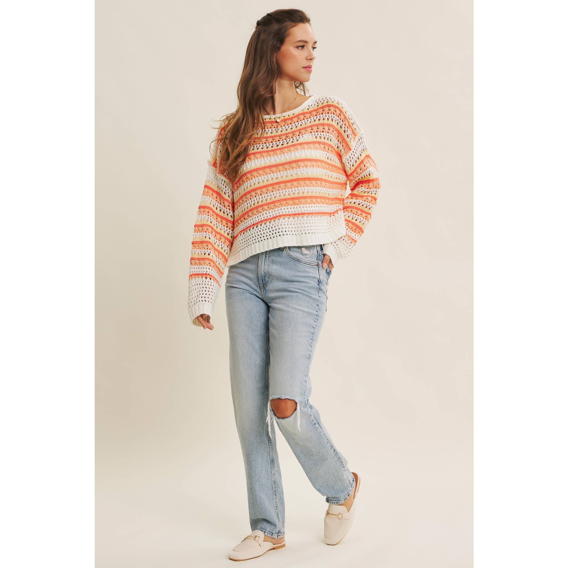 in february - Wholesale Knit Sweater - Women's - BRIGHT VIBRANT MULTI STRIPE LOOSE FIT CROCHET SWEATER TOP11