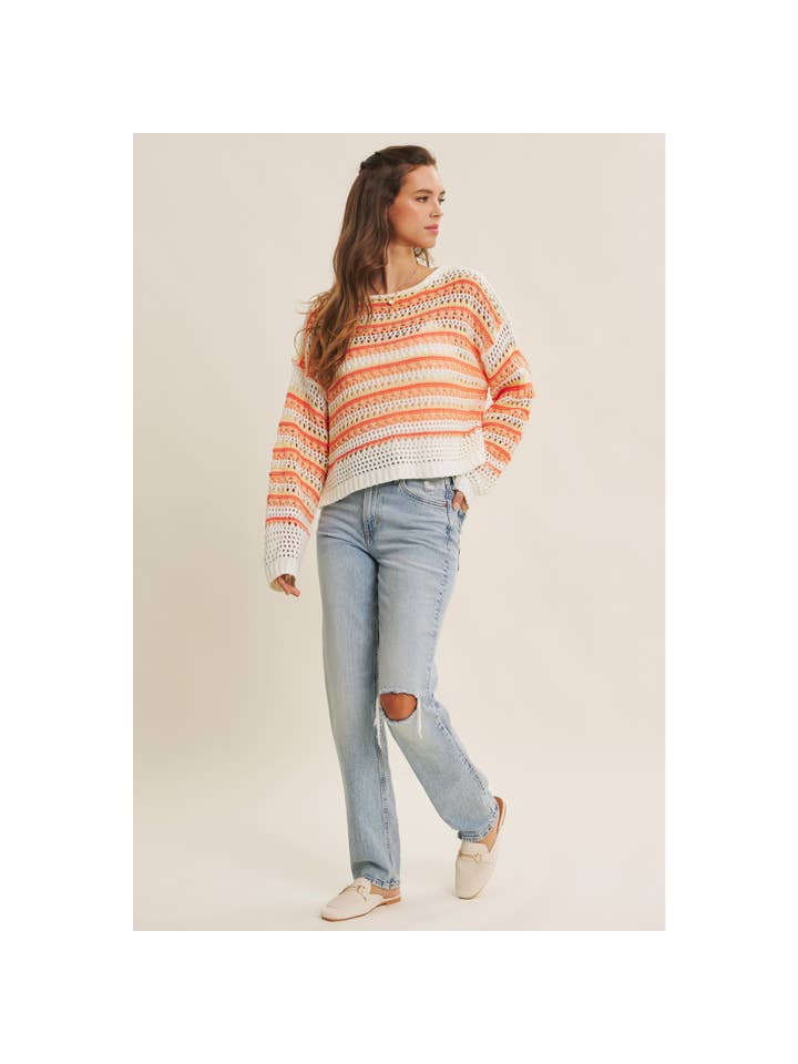in february - Wholesale Knit Sweater - Women's - BRIGHT VIBRANT MULTI STRIPE LOOSE FIT CROCHET SWEATER TOP11