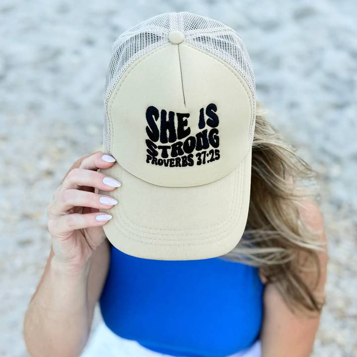 She Is Strong Embroidered Graphic Trucker Hat for wholesale by Sunrise Collective