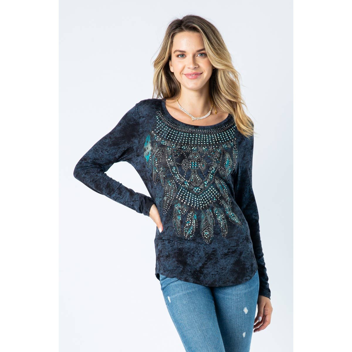 BLACK LASER CUT LONG SLEEVE TOP WITH FEATHERS for wholesale on Faire1