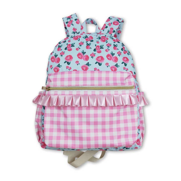 Pink plaid ruffle floral baby girls backpack for wholesale by Yawoo Garments