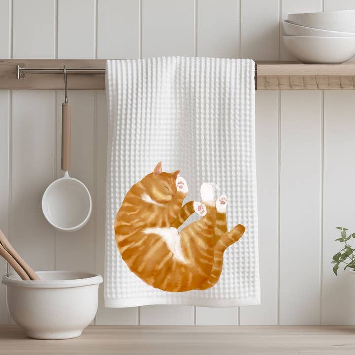 MerikaArt - Wholesale Tea Towel - Orange Tabby Cat Kitchen Towel with White Paws3