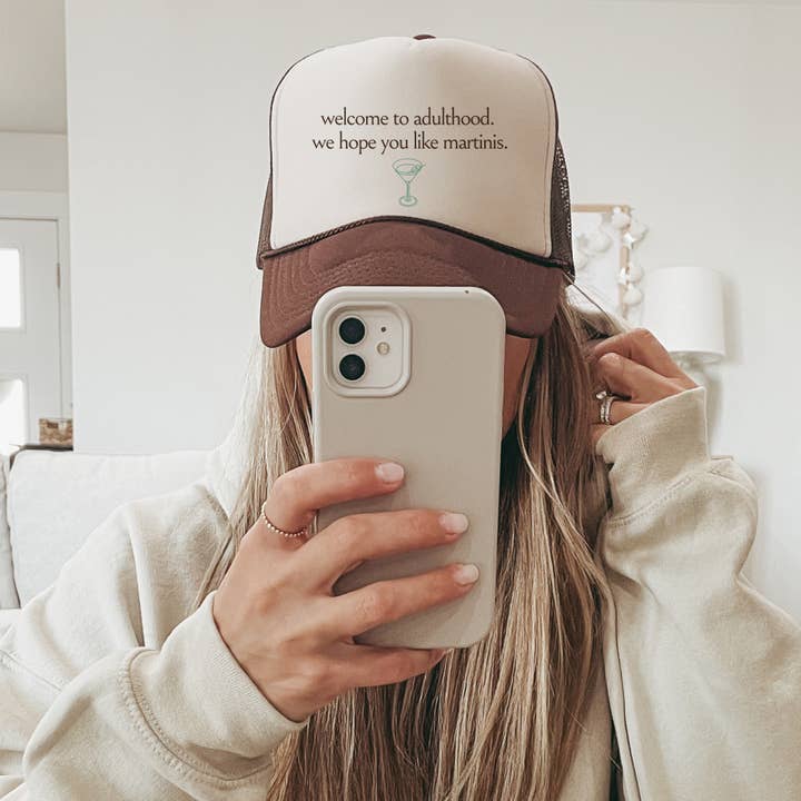 Adulthood Martinis Mesh Back Trucker Hat for wholesale by femfetti