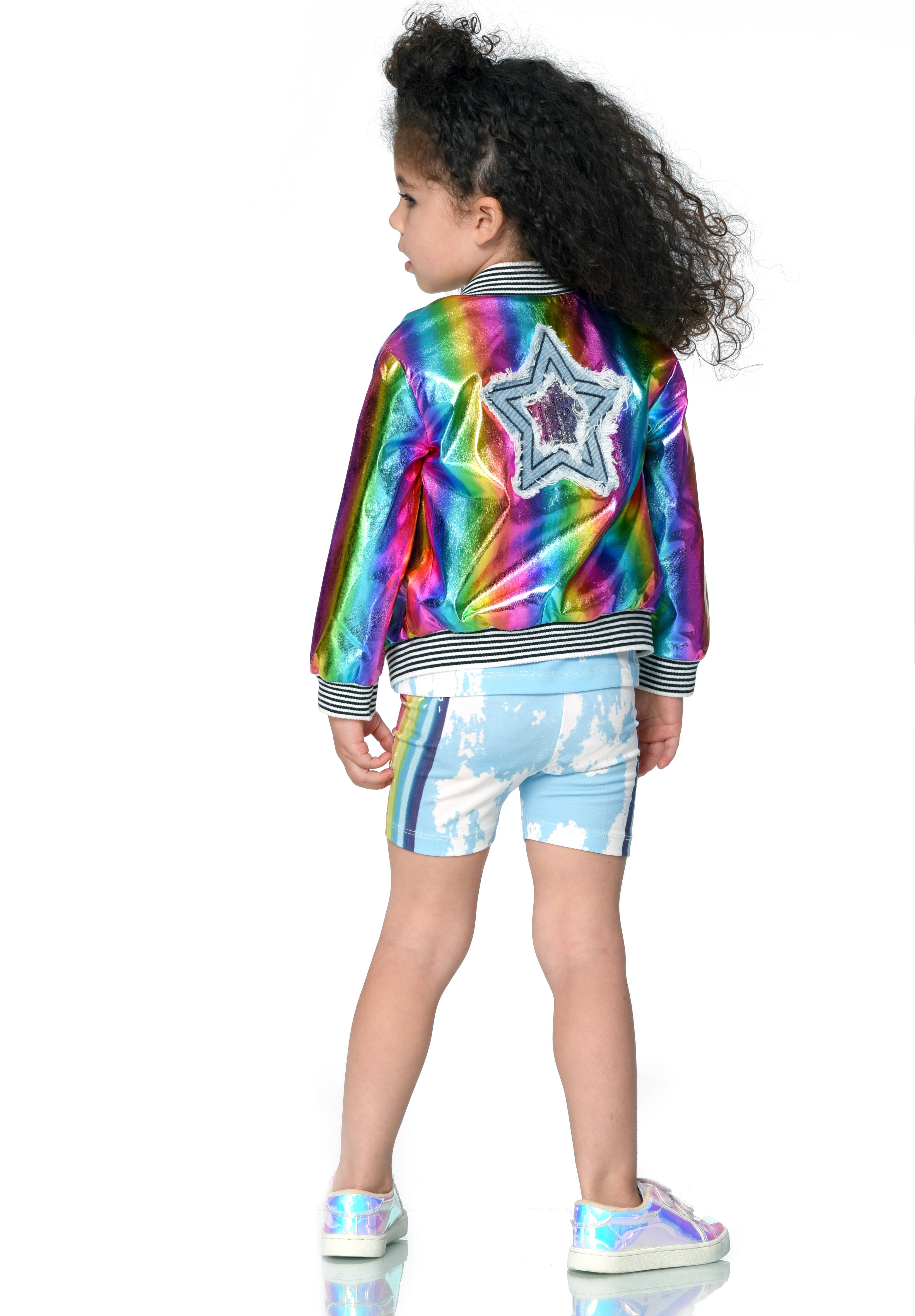Fuch Multi Rainbow Metallic Bomber Jacket W/Star Patch for wholesale on Faire2