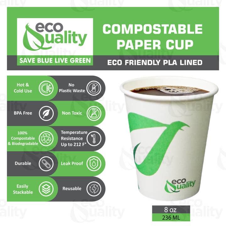EcoQuality - Wholesale Disposable Cup - 8oz Disposable White Paper Coffee Cups Compostable1