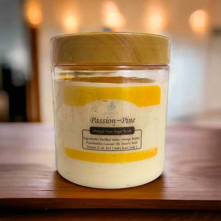 GlowAura passion pine whipped foam sugar scrub for wholesale by Glowaura LLC