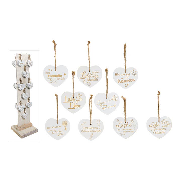 Wooden display with 1 board and 90 small vintage hearts made of natural wood, 18-fold, (W/H) 12x5x11x1.3cm for wholesale by Wurm