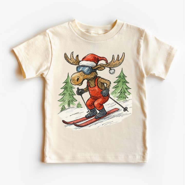 Madi Moosh - Wholesale Screen-printed t-shirt – Kids - Vintage Moose Snow Skiing Christmas T-Shirt - Christmas Tee