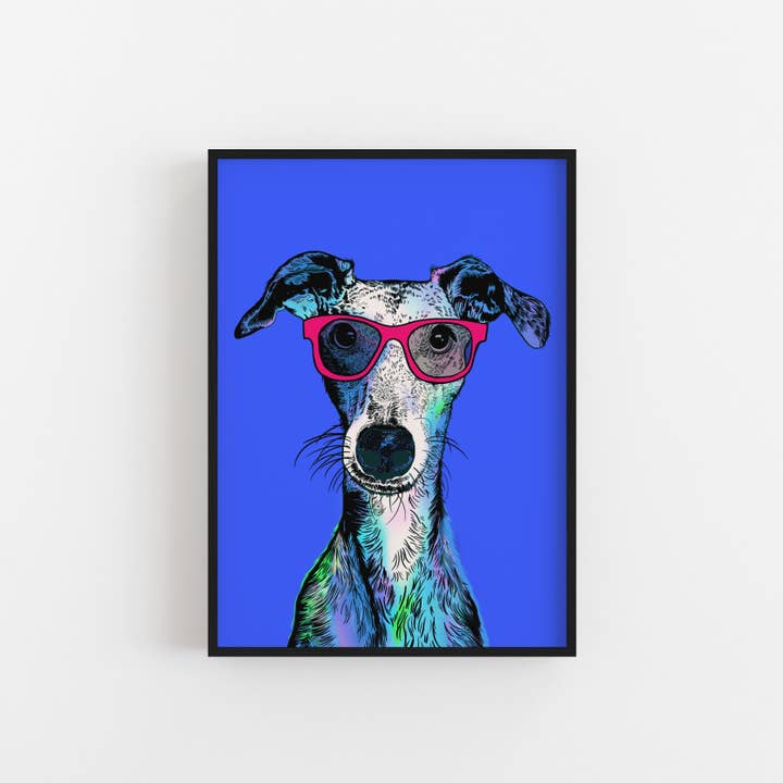 Impression artistique sur le chien Whippet, disponible en 2 couleurs pour la vente par Lucie In The Sky