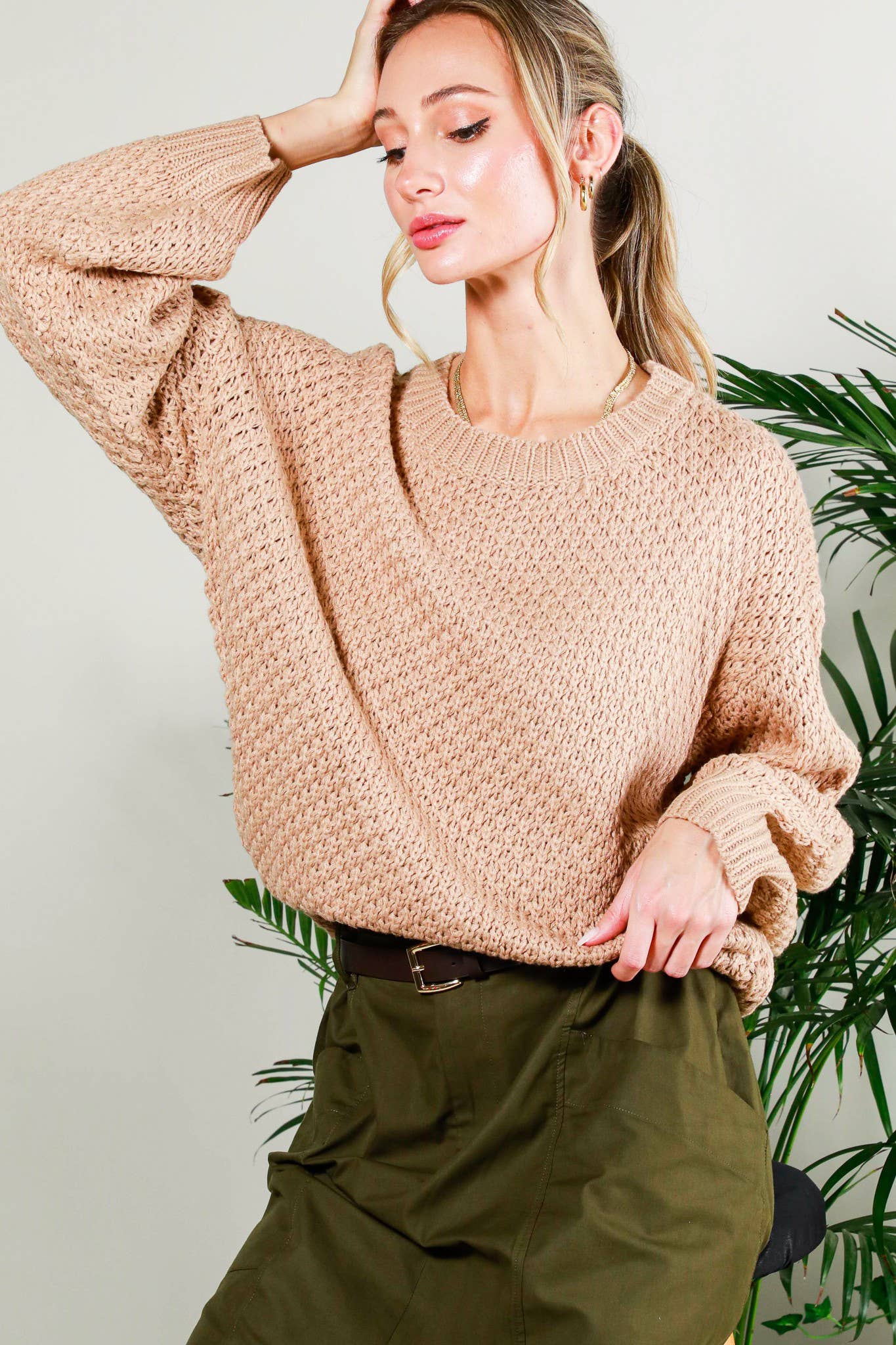 Vine & Love - Venta al por mayor Jersey de punto - Mujer - Suéter de punto gofre con cuello redondo y manga larga en forma de globo VT60523A11