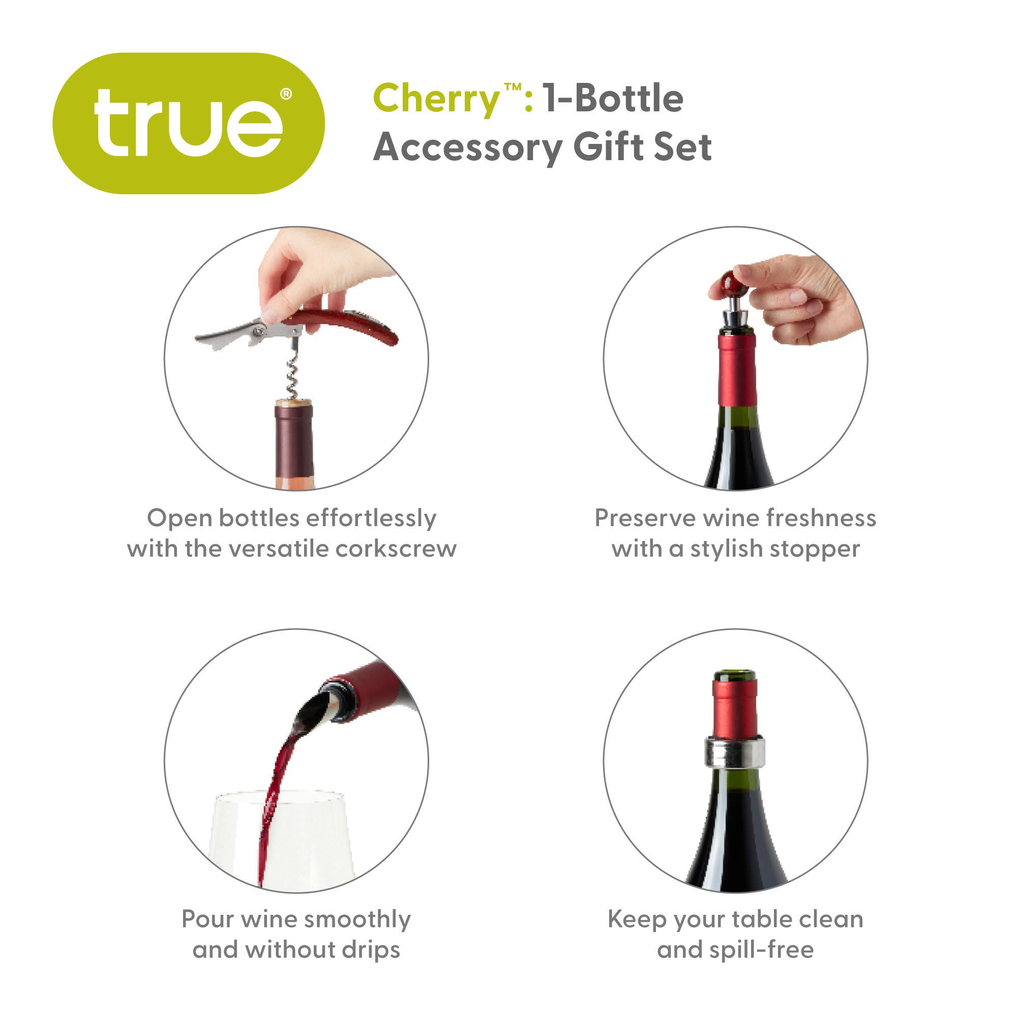 TRUE - Wholesale Wine Tool Set - Cherry Padded Wooden 1 Bottle Gift Box with 4 Wine Tools5