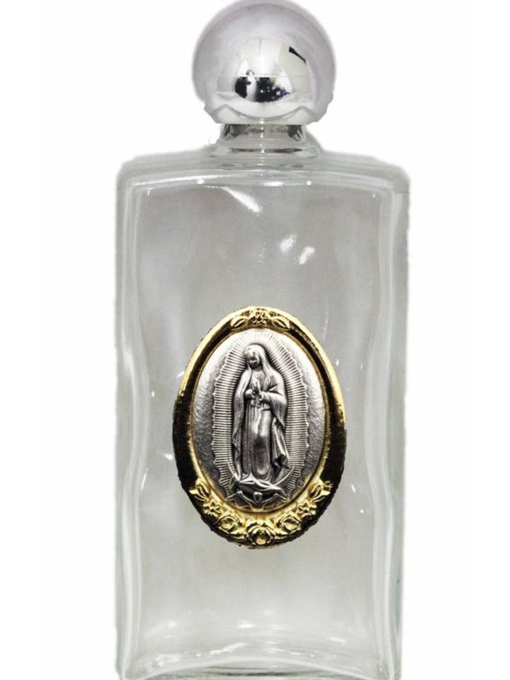 Our Lady of Guadalupe Large Holy Water Bottle 2x5" for wholesale by Goldscheider of Vienna