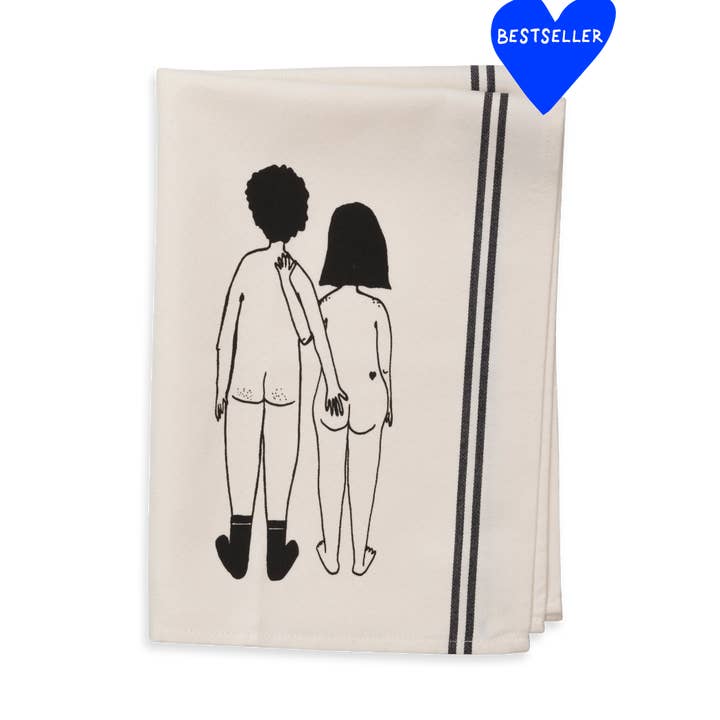 tekøkkenhåndklæde med illustration af nøgen par bagfra for engroshandel hos helen b