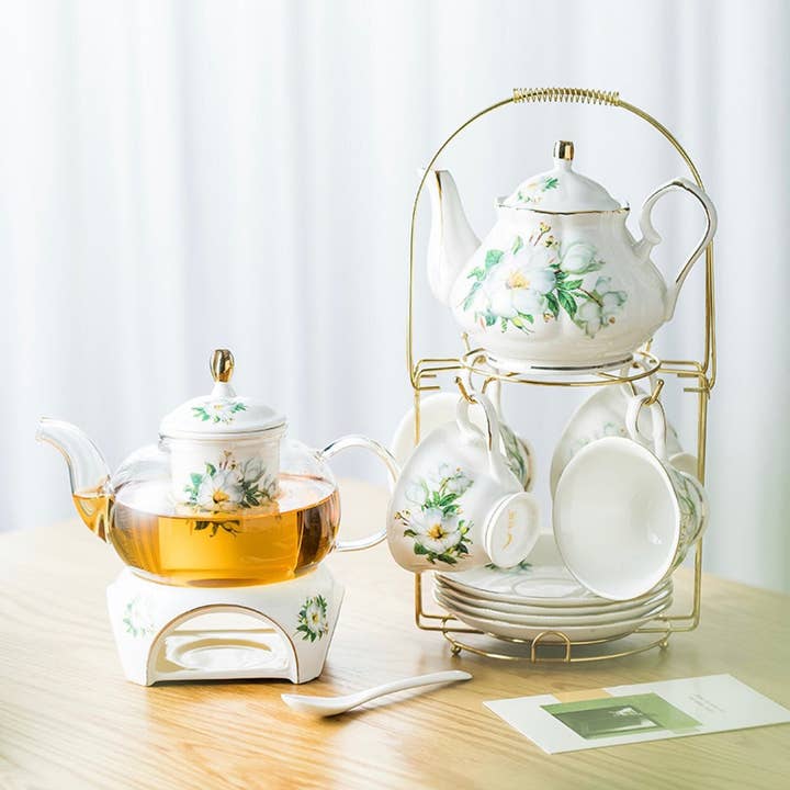 Green Pastures Wholesale - Wholesale Tea Set - Porcelain Tea Set - Magnolia w/24k gilded gold/glass warmer4