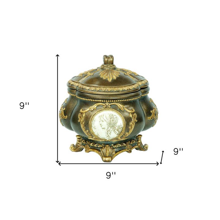 HomeRoots - Wholesale Jewellery box/organiser - 9" Bronze Gold And White Resin Floral Scroll Jewelry Box With Lacquer and High-Gloss Finishes2