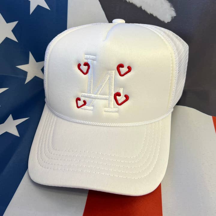 LA White Embroidered Trucker Hat for wholesale by Free Spirit