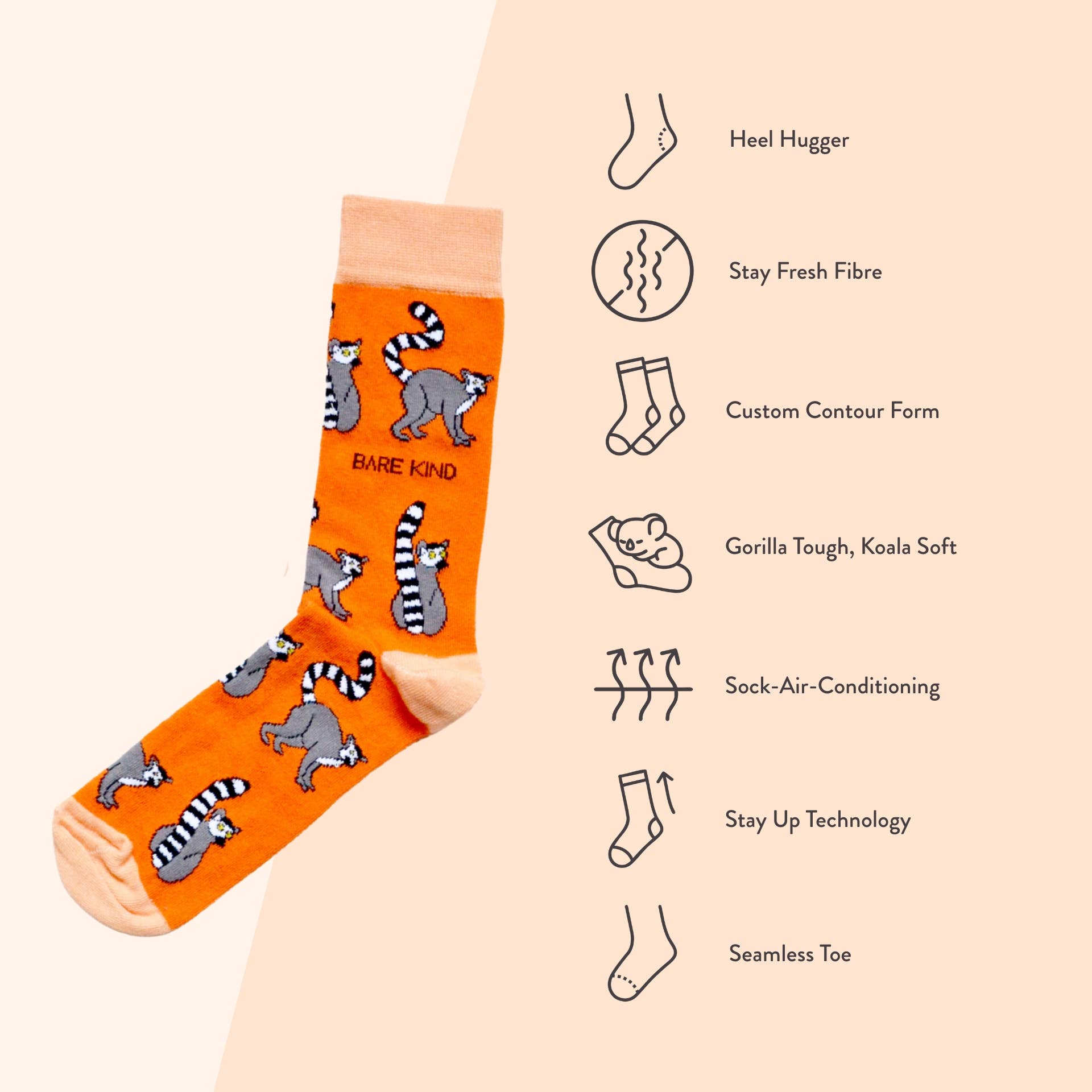 Bare Kind Socks - Wholesale Socks - Unisex - Lemur Socks | Bamboo Socks | Orange Socks | Funky Socks6