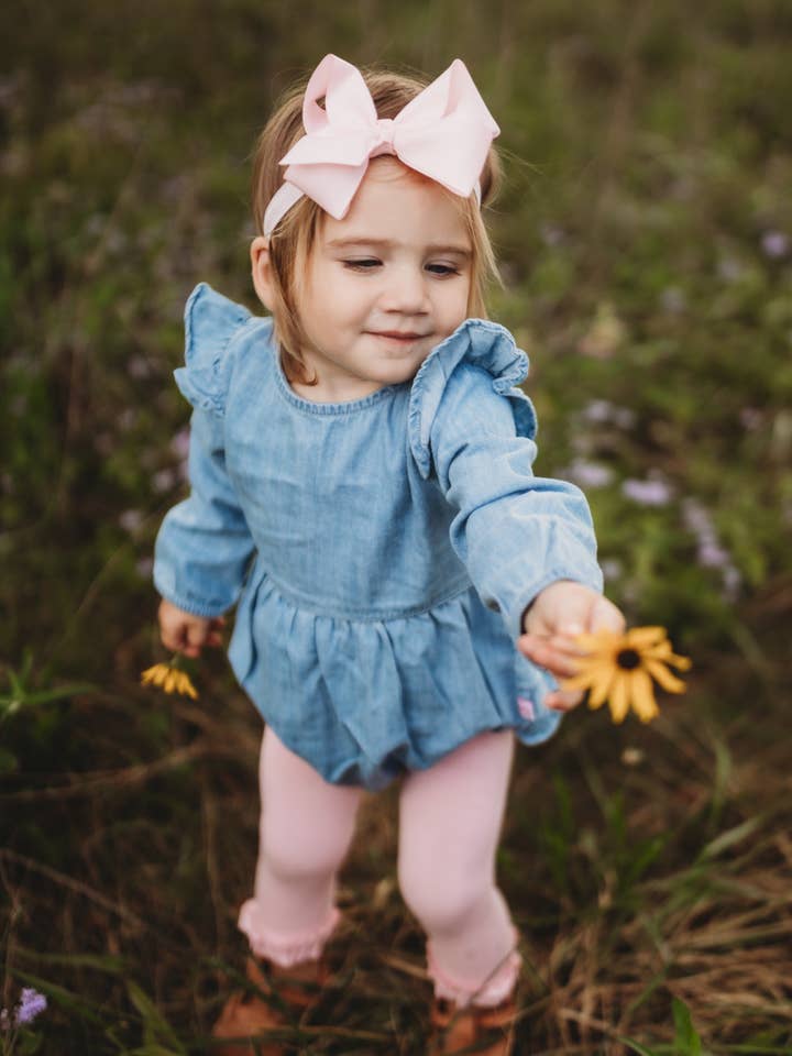 Blue Baby Girls Light Wash Denim Long Sleeve Flutter Bubble Romper
for wholesale on Faire7