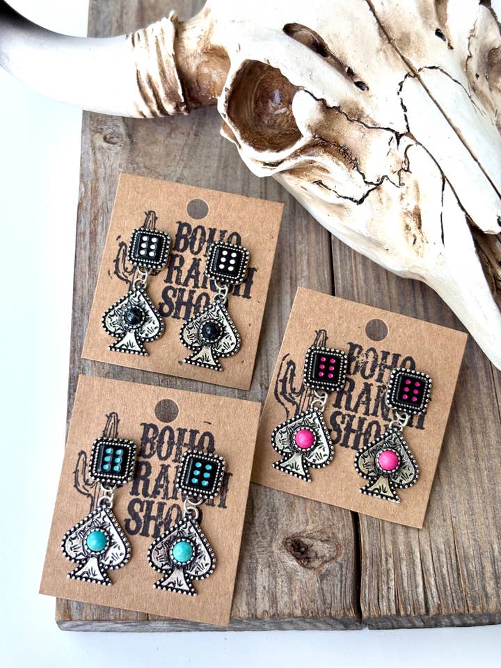 Western Style Dice Spade Stone Post Drop Earrings for wholesale by Boho Ranch Shop