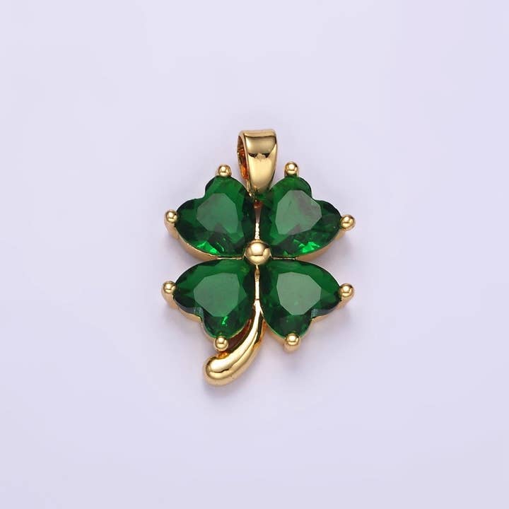 14K Gold Filled Green CZ Heart Petal Quatrefoil Flower Pendant | AA058 for wholesale by Aim Eternal