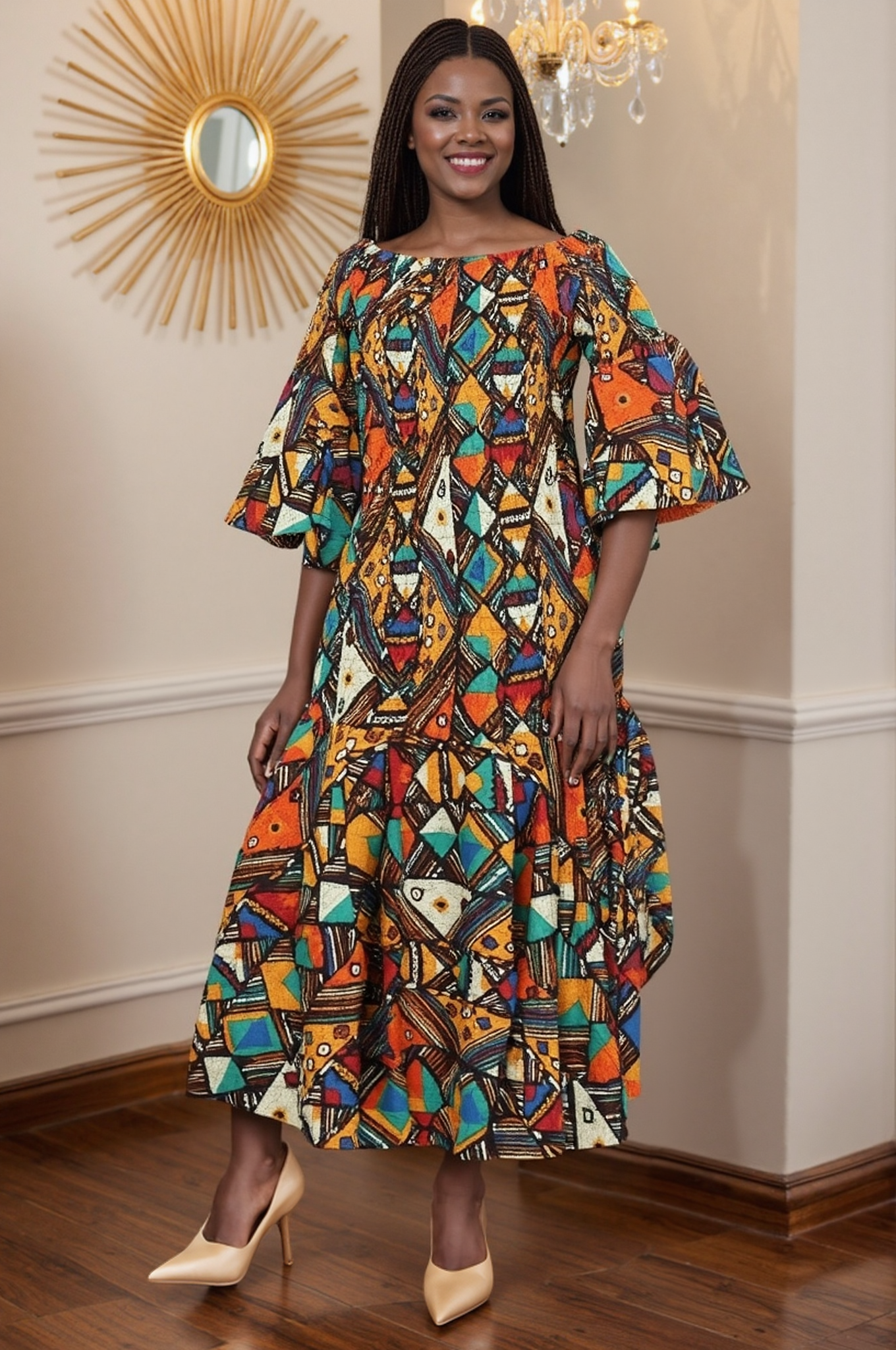 KaraChic - Wholesale Dress - Women's - Multi-Print African Off-Shoulder Sleeves African Dress 90083