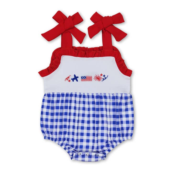 Flag firework embroidery plaid baby girls 4th of july romper for wholesale by Yawoo Garments