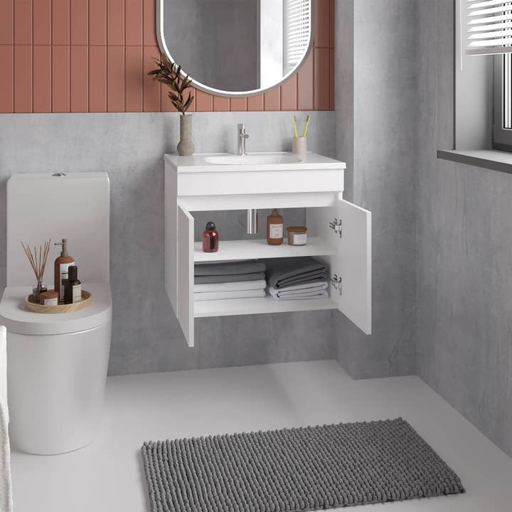 TUHOME FURNITURE - Wholesale Cabinet - Chaux Floating, Wide Double Door Vanity, With Resin Sink And Two Shelves, Bathroom Storage9