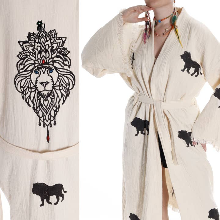 Boho Lion stämplad strandkimonoklänning - handgjord bohemisk täckning för wholesale av Pure & Chic, LLC - Miyawfashion
