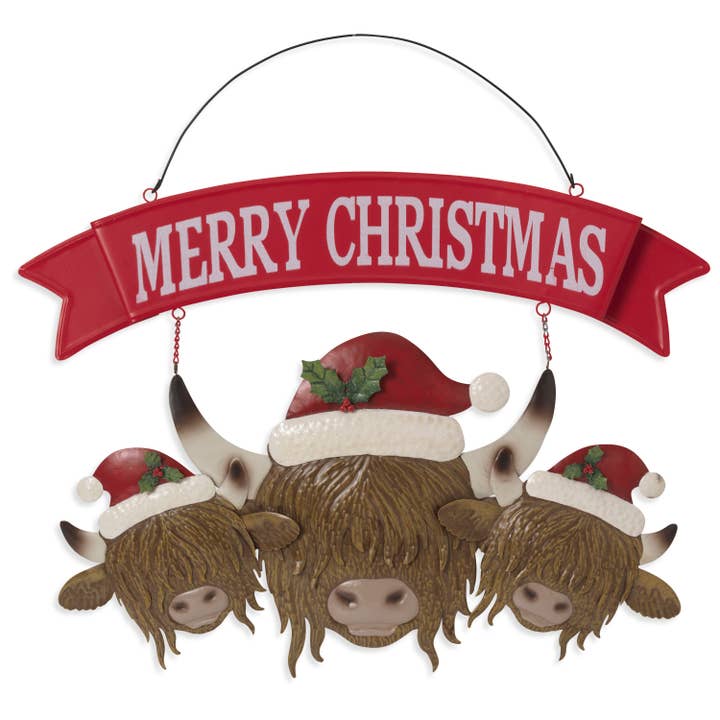 Gerson Christmas 20.4"L Metal Holiday Hanging Highland Cows for wholesale by The Gerson Companies