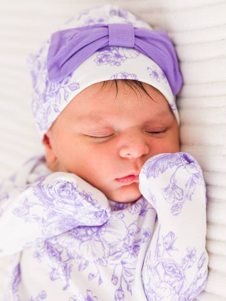 Baby Girls Wisteria Purple Butterfly Garden Toile Bamboo Viscose Knotted Ruffle Gown & Hat Set
for wholesale on Faire