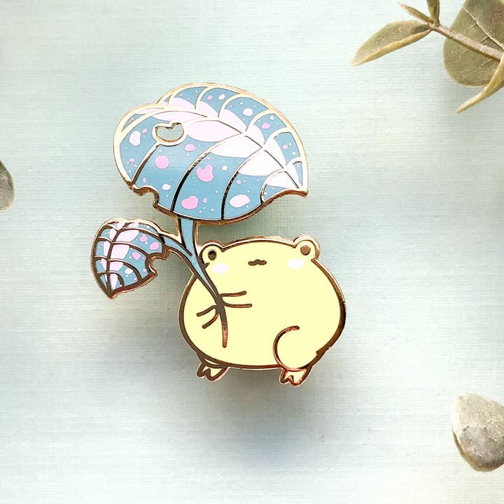 Alum and Ink - Wholesale Lapel Pin/Button - Gogo the Frog Leaf Umbrella Enamel Pin