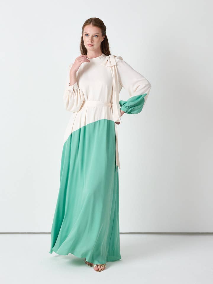 Ivory & Mint Color-Block Maxi Dress with Bow Detail for wholesale by Store WF