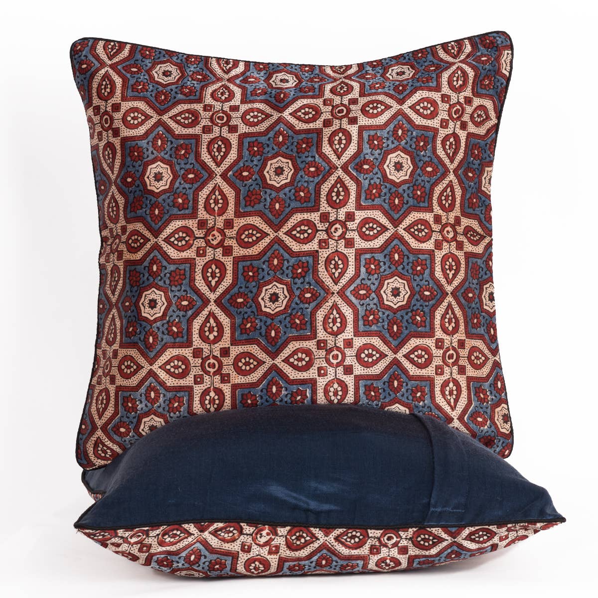SVEZElife - Wholesale Throw Pillow Cover - Star Flower Print Mashru Silk Cushion Cover - Off white blue1
