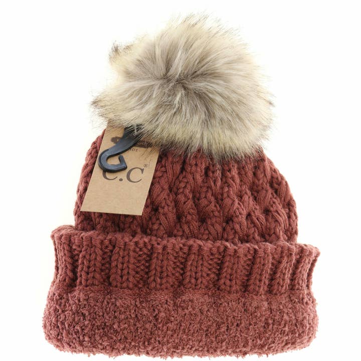 C.C Beanie - Wholesale Beanie - Women's - Solid Lattice Stitch Fur Pom CC Beanie YJ826