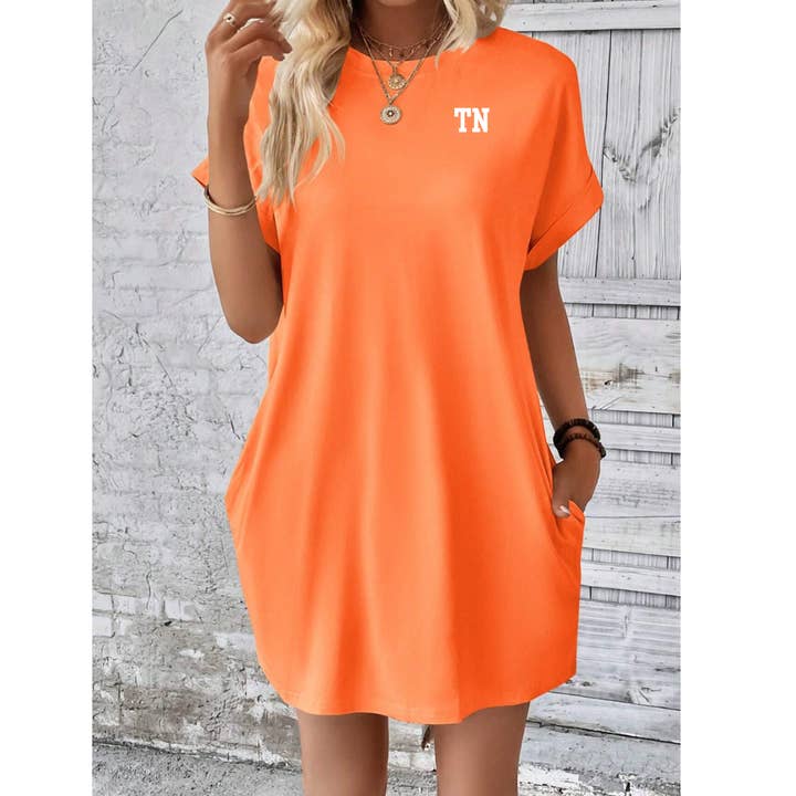 TN Orange Batwing Sleeve Tee Dress with Pockets for wholesale by Elby Designs Apparel