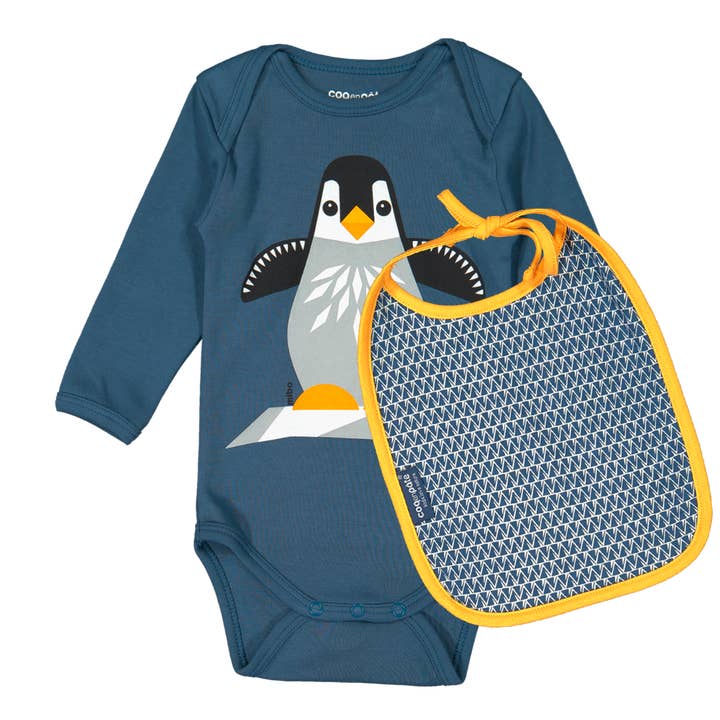 Set de body manches longues & bavoir bébé en bio - Pingouin pour la vente par Coq En Pate