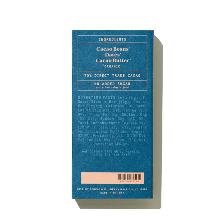 Spring & Mulberry - Wholesale Chocolate Bar - *Mini* Pure Dark Date-Sweetened Chocolate Bar