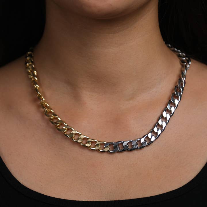 Gold & Silver Two-Tone Cuban Chain Necklace for wholesale by GirlyPirateCo