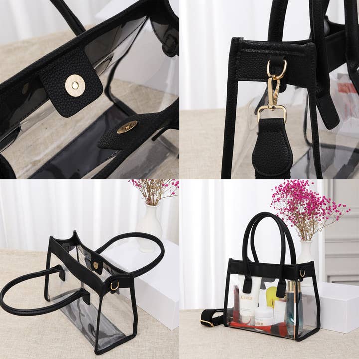 Sensibling Corp. - Wholesale Tote Bag - Women's - Solid Faux Leather Transparent Tote / Crossbody Bag