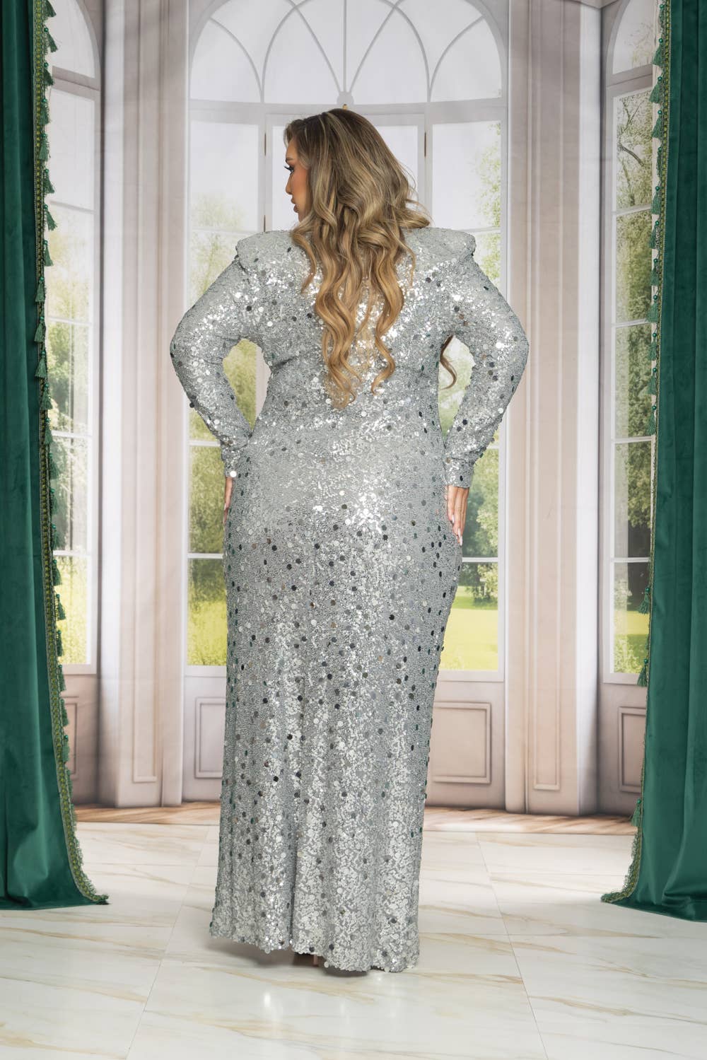 RICARICA INC. - Vendita all'ingrosso Abito da sera - Donna - P7145_PLUS ABITO LUNGO CON PAILLETTES A MANICA LUNGA2