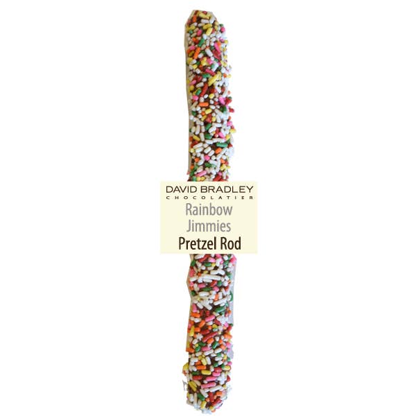 Chocolate Covered Pretzel Rod with Rainbow Jimmies for wholesale by David Bradley Chocolatier