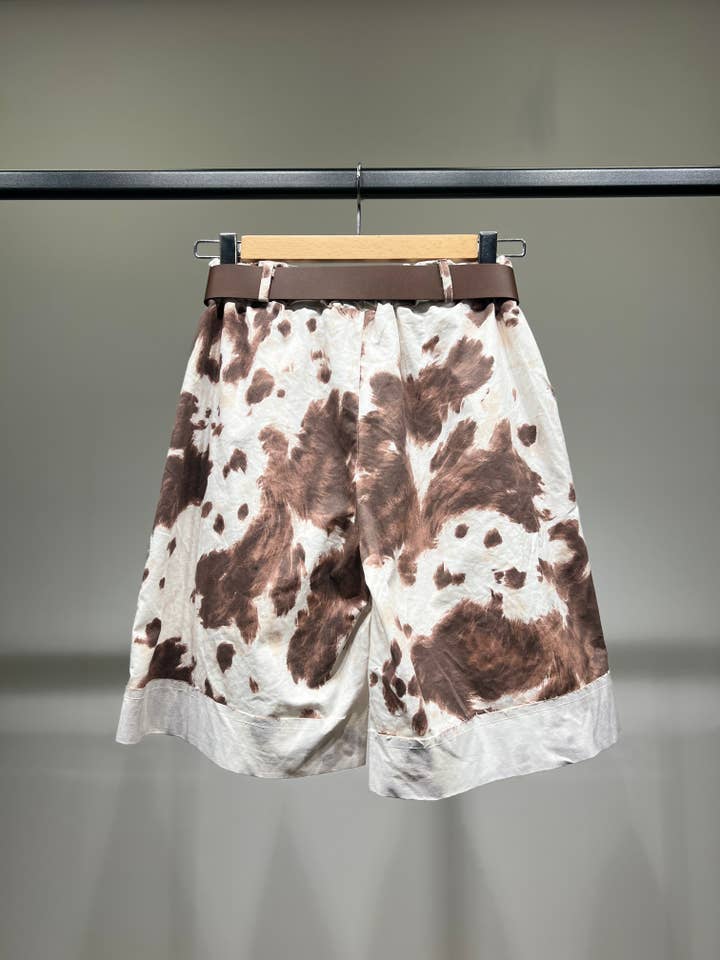 Beige Cow Print Short Bermuda Belted Hem Cotton Spandex for wholesale on Faire