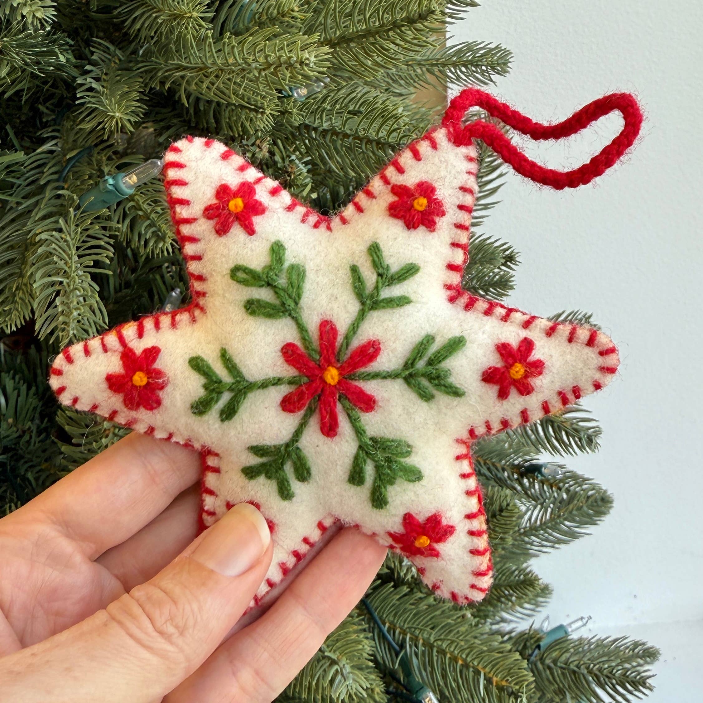 Ornaments 4 Orphans - Wholesale Ornament - White Six Pointed Star Embroidered Wool Christmas Ornament2