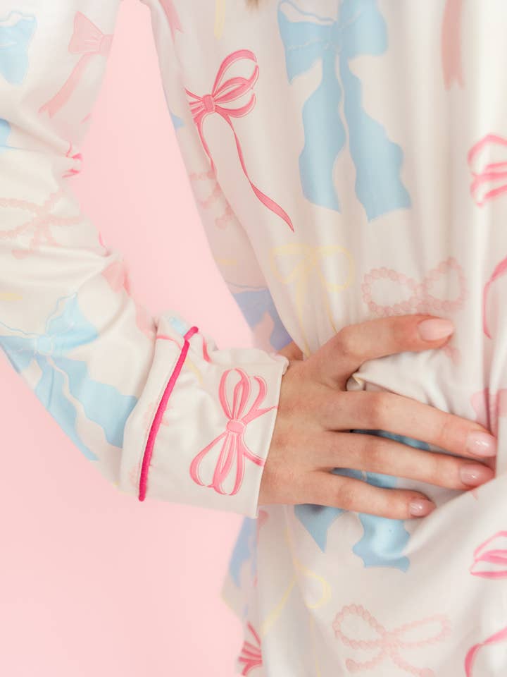 Rock Paper Scissors - Wholesale Sleepwear Set - Women's - Pink Pastel Bows Long Sleeve Loungewear Pajama Set