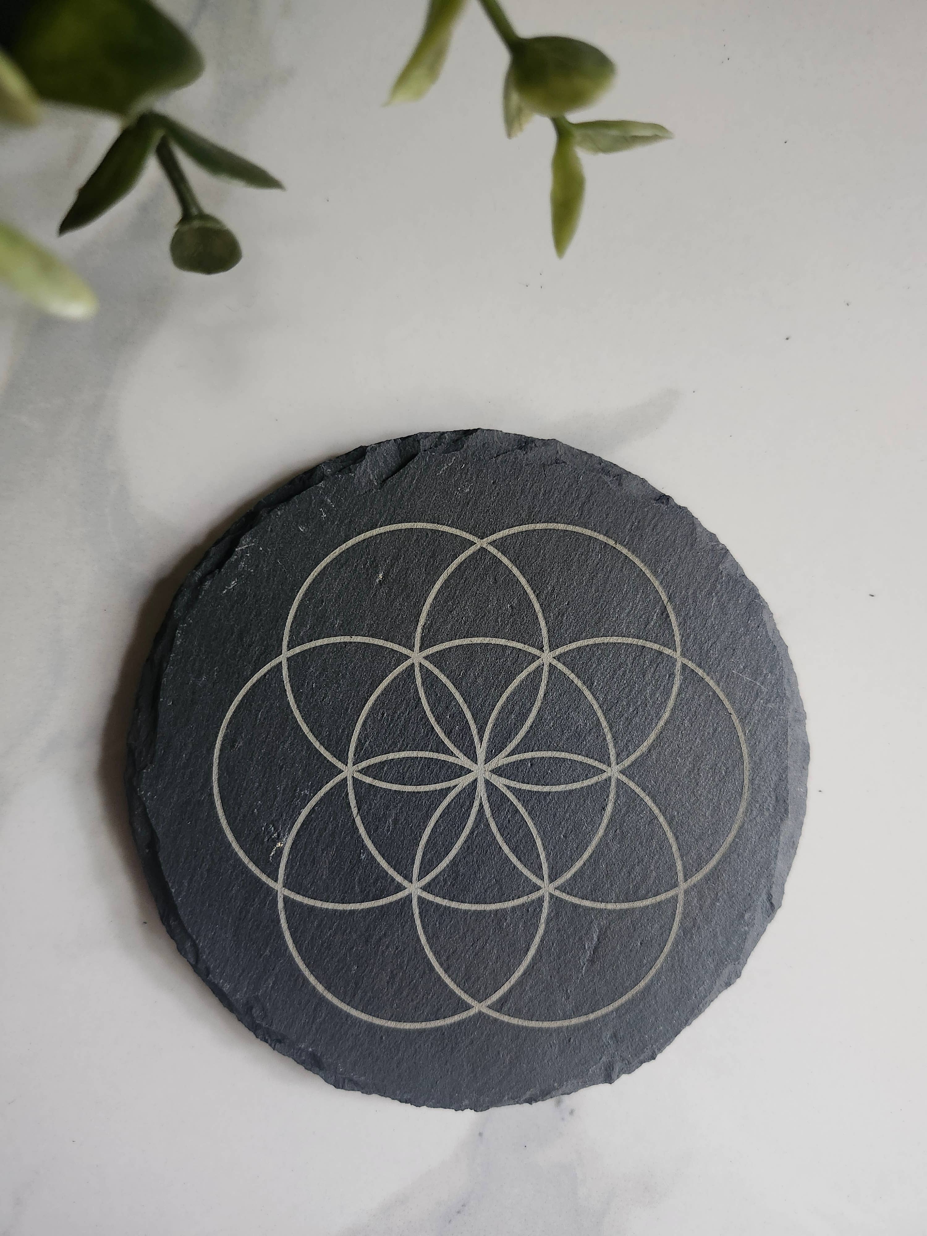 Three Witches Tea Shop - Wholesale Coasters - Seed of Life Engraved Slate Drink Kitchen Coaster