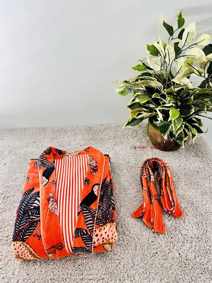 GYPSY STUDIO - Wholesale Robe - Women's - velvet jungle print kimono robe| Handmade stitched robe |